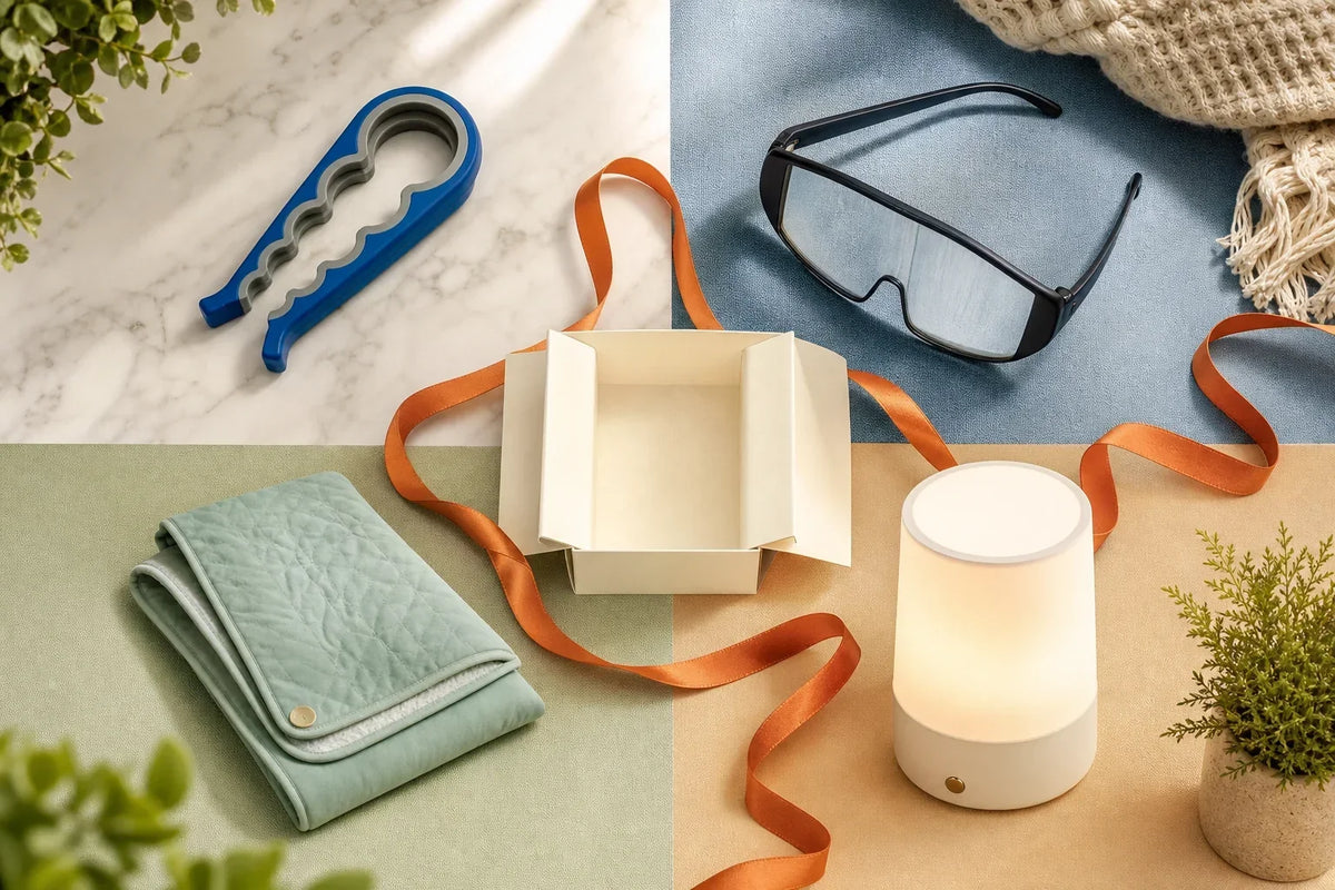A neatly arranged room-by-room gift box with warm practical household items and a note card