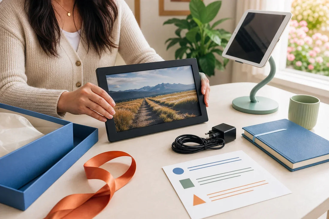 A family member preparing a digital photo frame and printed setup checklist before gifting