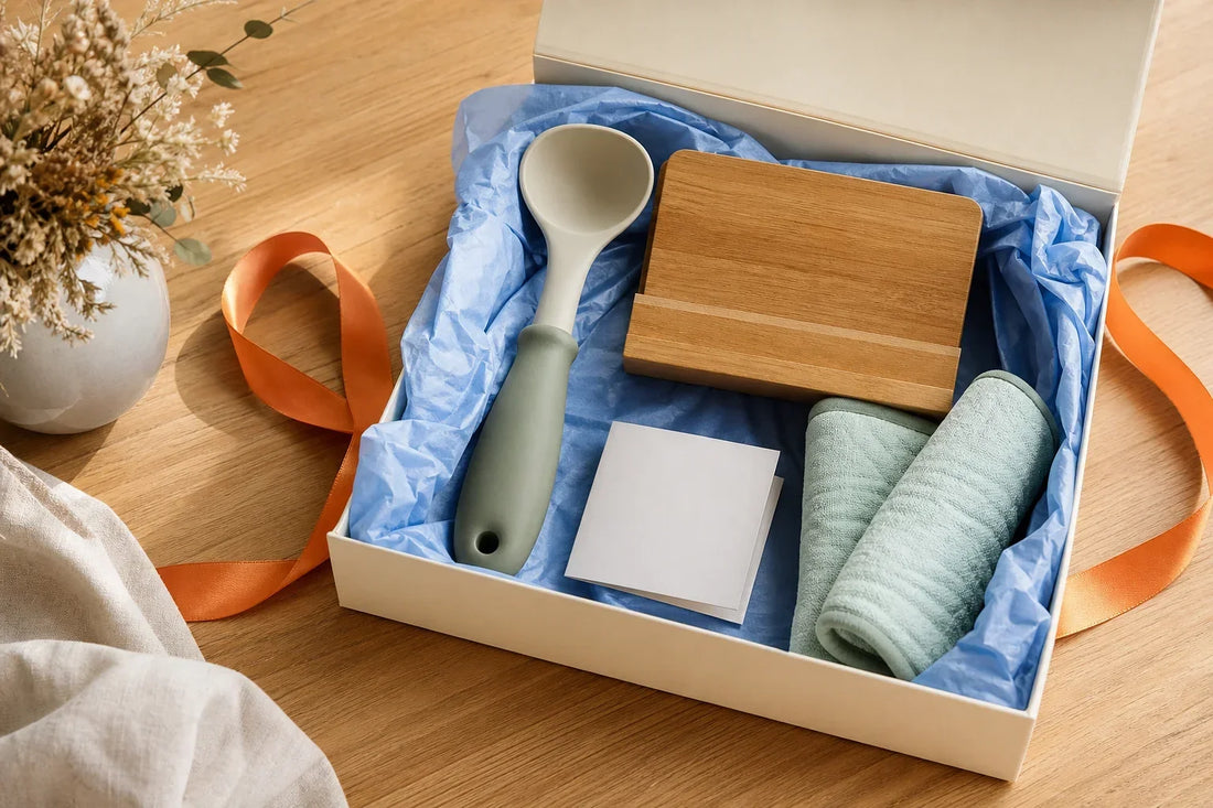 A warm kitchen-table gift planning scene with a notebook and practical everyday objects