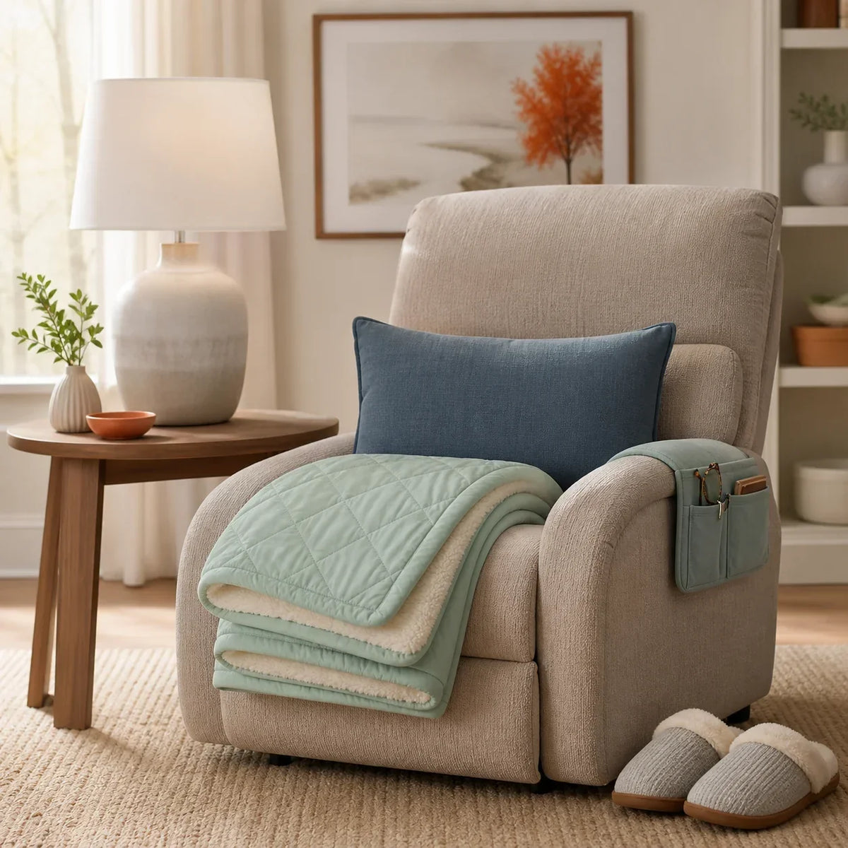 Non-electric lap wrap, cushion, lamp, and slippers in a cozy living room
