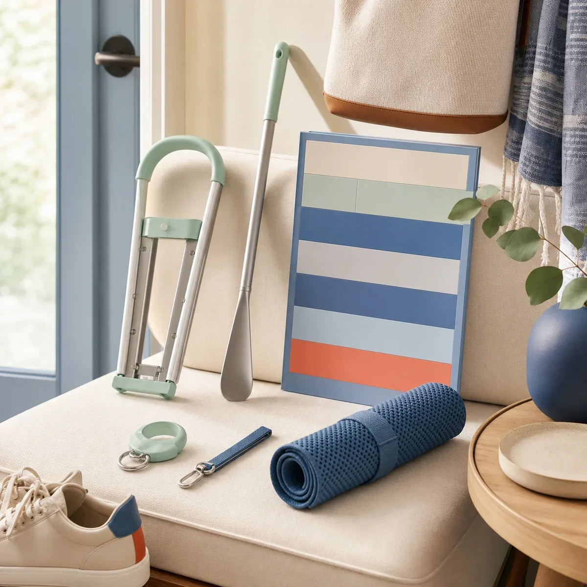 Everyday convenience tools arranged on an entryway bench
