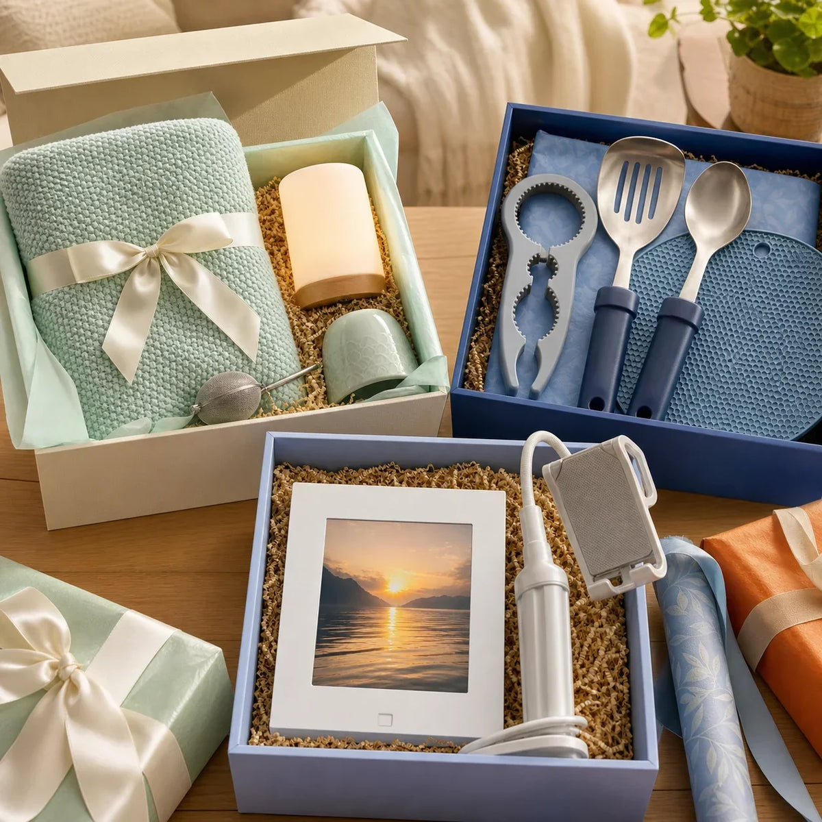 Three open gift boxes for comfort, kitchen, and long-distance connection