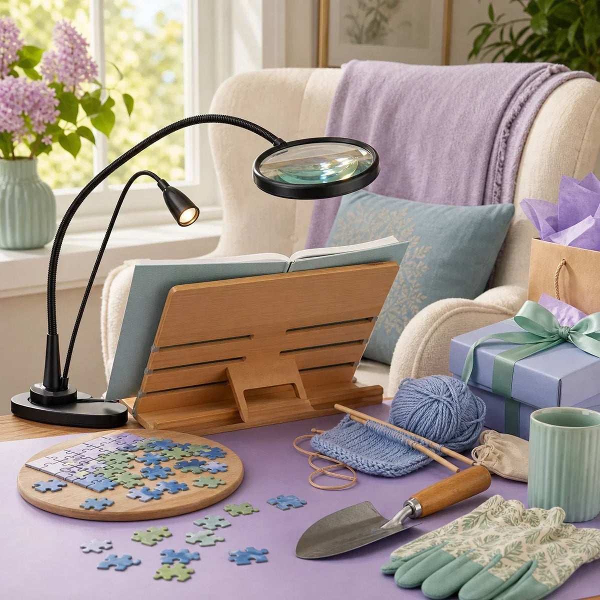 Reading, puzzle, knitting, and gardening gift tools by a sunny chair