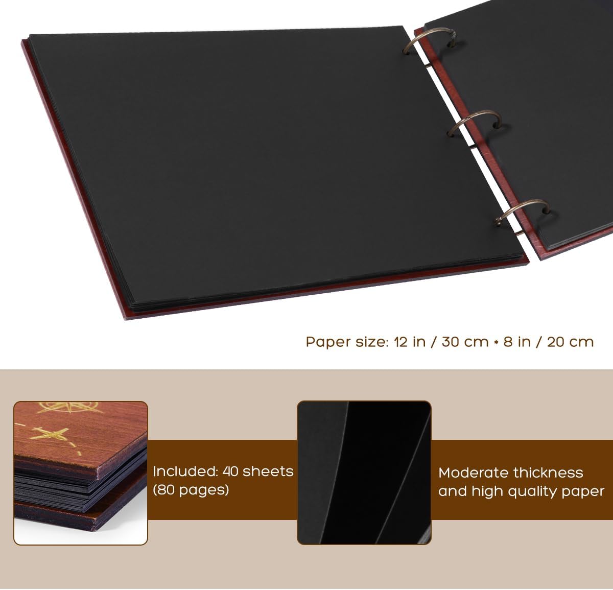 Wooden Scrapbook Photo Album, 12x8 Inch Diy Memory Book with 40 Black Pages and 6 Corner Stickers, Ideal for Anniversaries, Weddings, Birthdays, and Special Moments - view 5