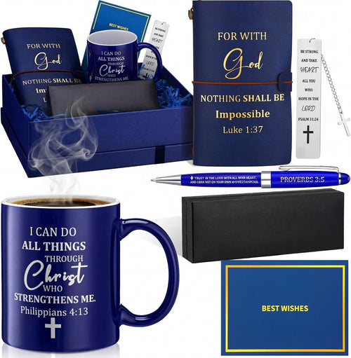 6 Pcs Christian Gift for Men 11 oz Mug Leather Notebook Religious Metal Bookmark Christian Pen with Box and 1 Refills Greeting Card Birthday Box Father's Day Gifts for Dad Husband Grandpa