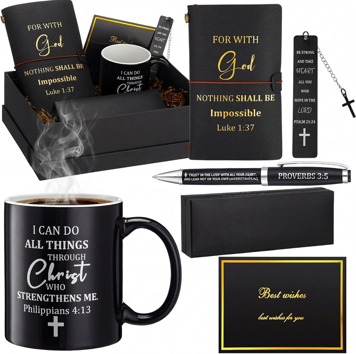 6 Pcs Christian Gift for Men 11 oz Mug Leather Notebook Religious Metal Bookmark Christian Pen with Box and 1 Refills Greeting Card Birthday Box Father's Day Gifts for Dad Husband Grandpa - view 7