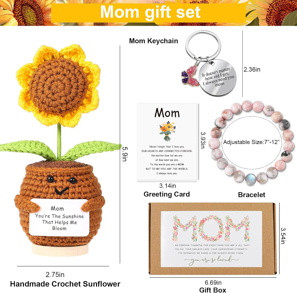 Mom Gifts from Daughter,Christmas Birthday Gifts for mom,Handmade Positive Sunflower Doll Crochet with Card,Keychains,Bracelet and Gift Card,Gift for Mom from Daughter and Son - view 2
