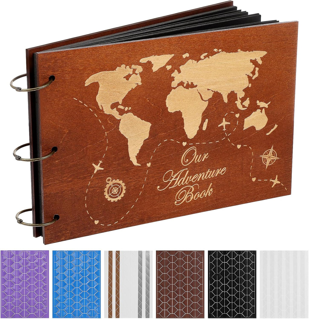 Wooden Scrapbook Photo Album, 12x8 Inch Diy Memory Book with 40 Black Pages and 6 Corner Stickers, Ideal for Anniversaries, Weddings, Birthdays, and Special Moments