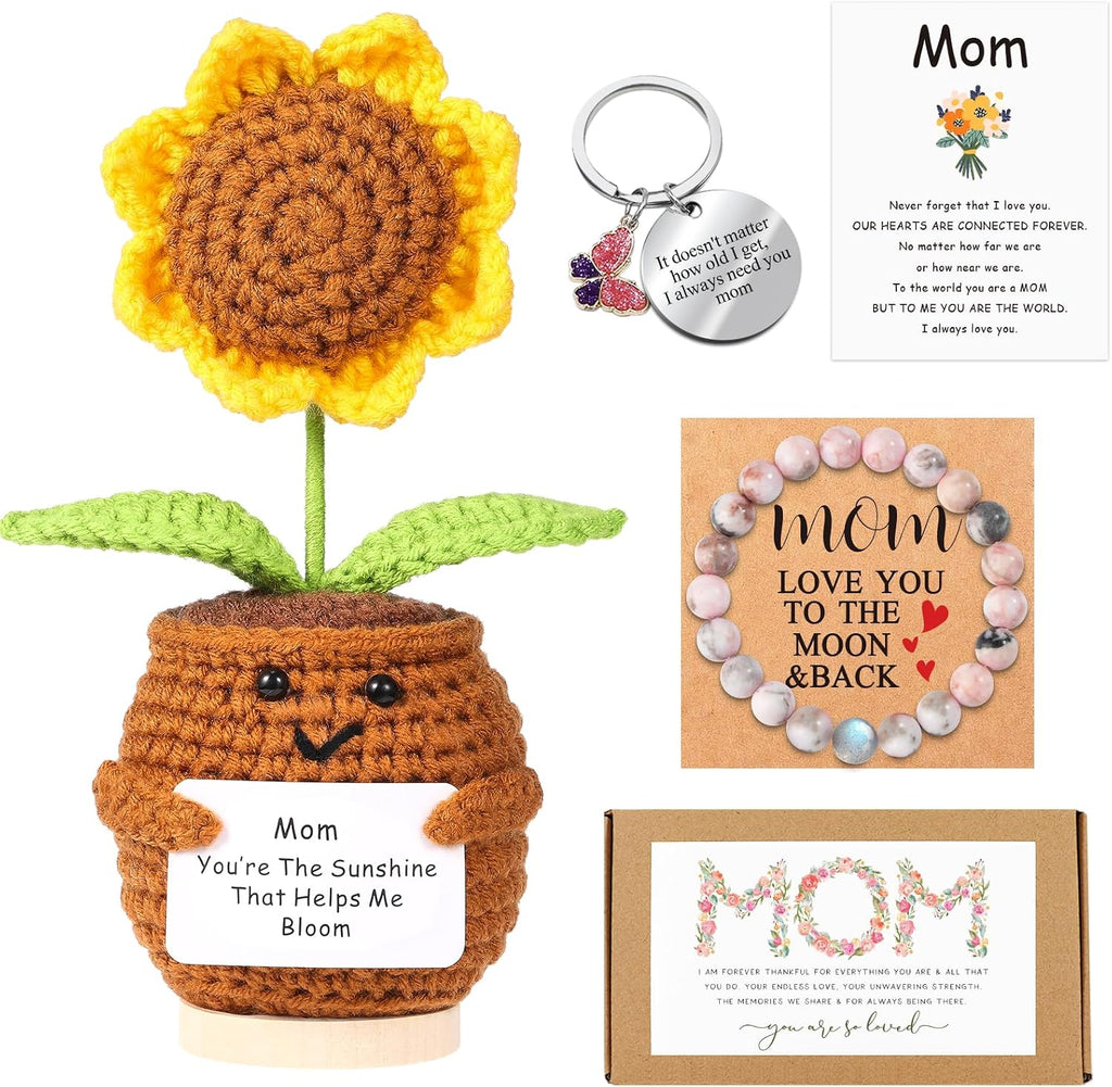 Mom Gifts from Daughter,Christmas Birthday Gifts for mom,Handmade Positive Sunflower Doll Crochet with Card,Keychains,Bracelet and Gift Card,Gift for Mom from Daughter and Son