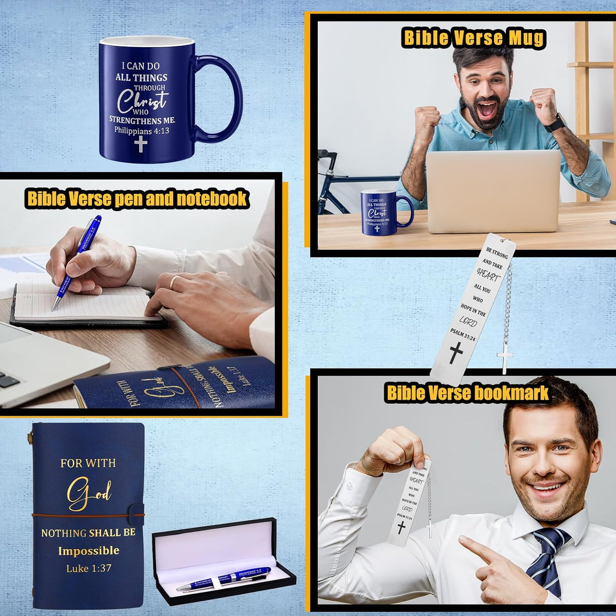6 Pcs Christian Gift for Men 11 oz Mug Leather Notebook Religious Metal Bookmark Christian Pen with Box and 1 Refills Greeting Card Birthday Box Father's Day Gifts for Dad Husband Grandpa - view 4