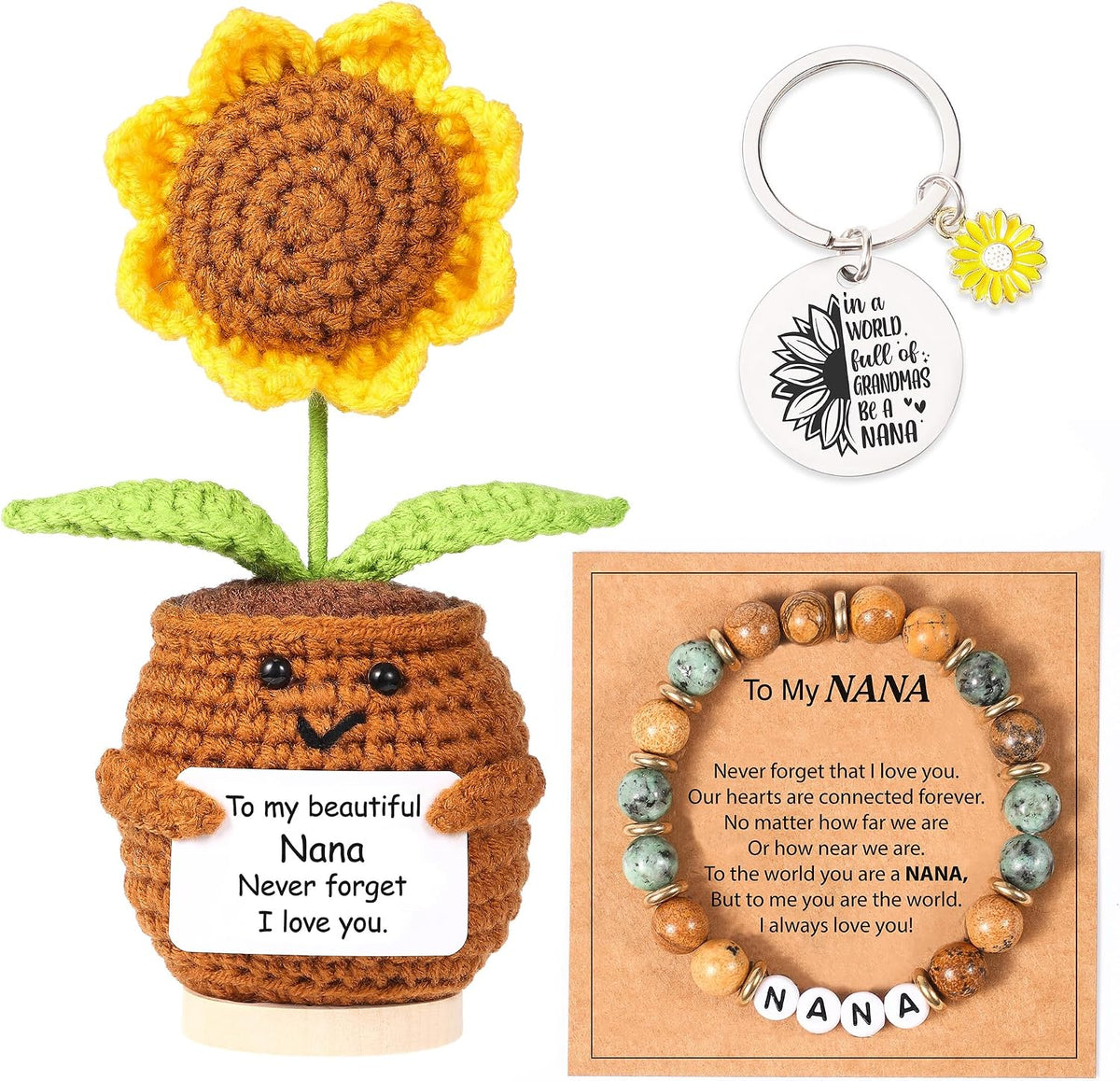 Mom Gifts from Daughter,Christmas Birthday Gifts for mom,Handmade Positive Sunflower Doll Crochet with Card,Keychains,Bracelet and Gift Card,Gift for Mom from Daughter and Son - view 6