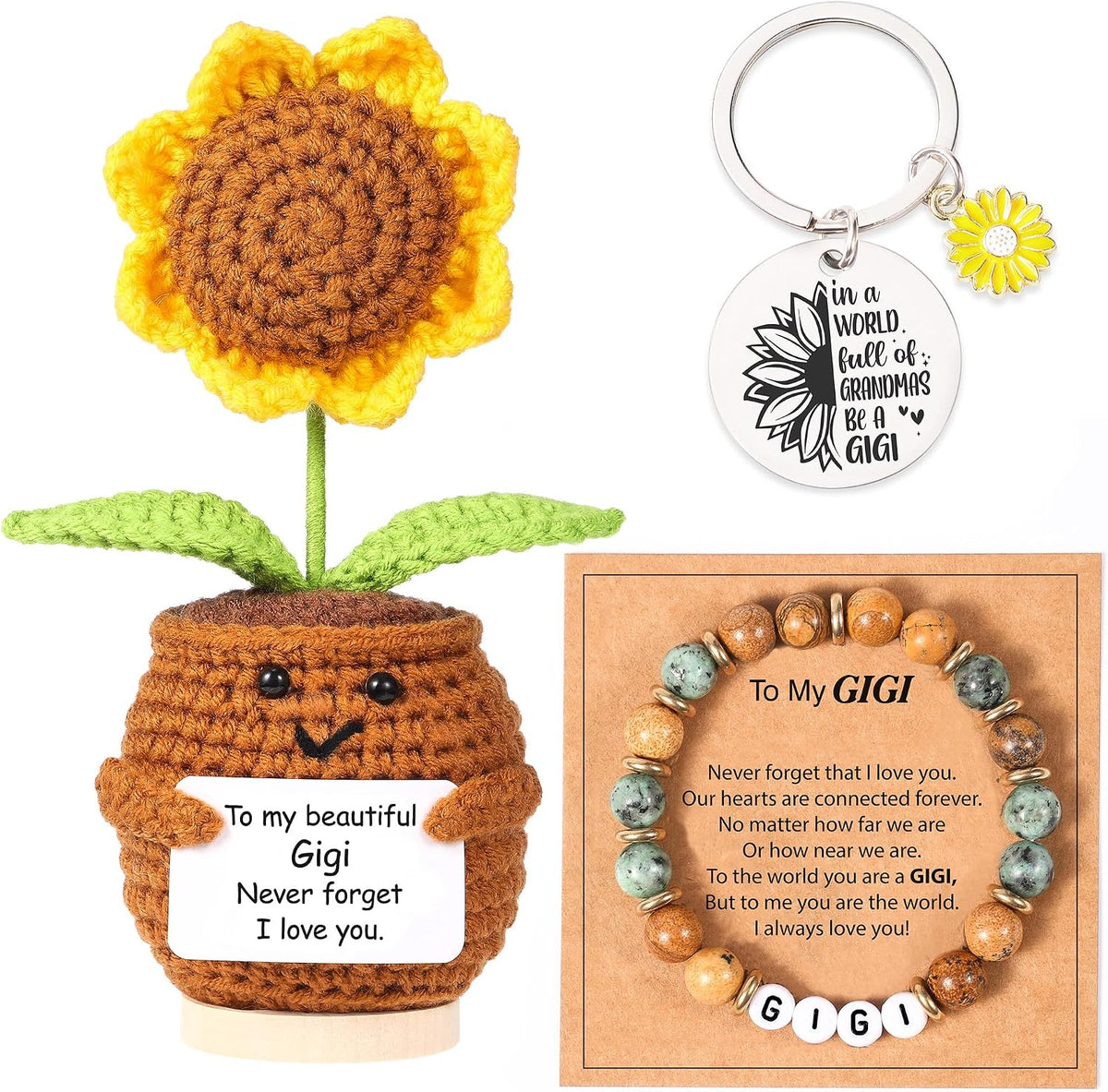 Mom Gifts from Daughter,Christmas Birthday Gifts for mom,Handmade Positive Sunflower Doll Crochet with Card,Keychains,Bracelet and Gift Card,Gift for Mom from Daughter and Son - view 8