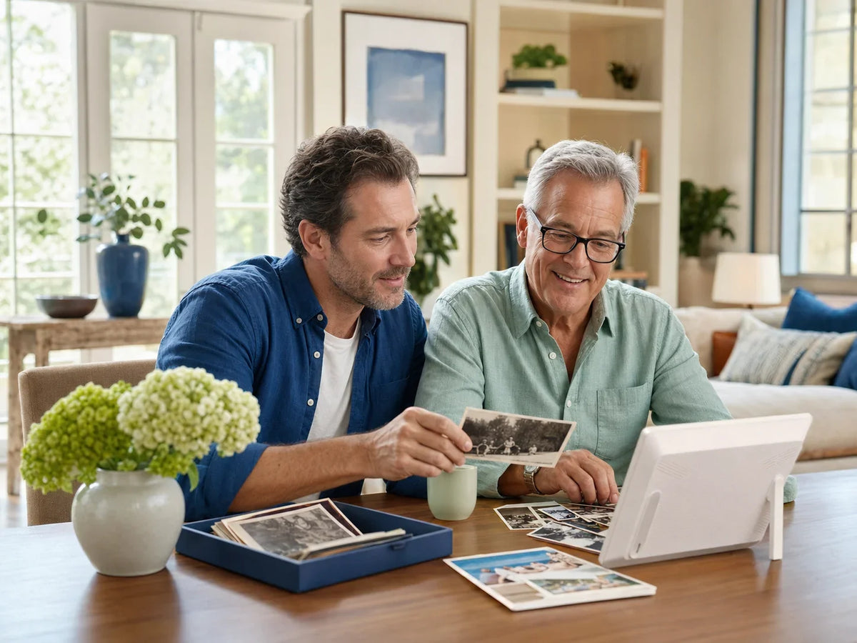 Father and adult son setting up a family photo frame together